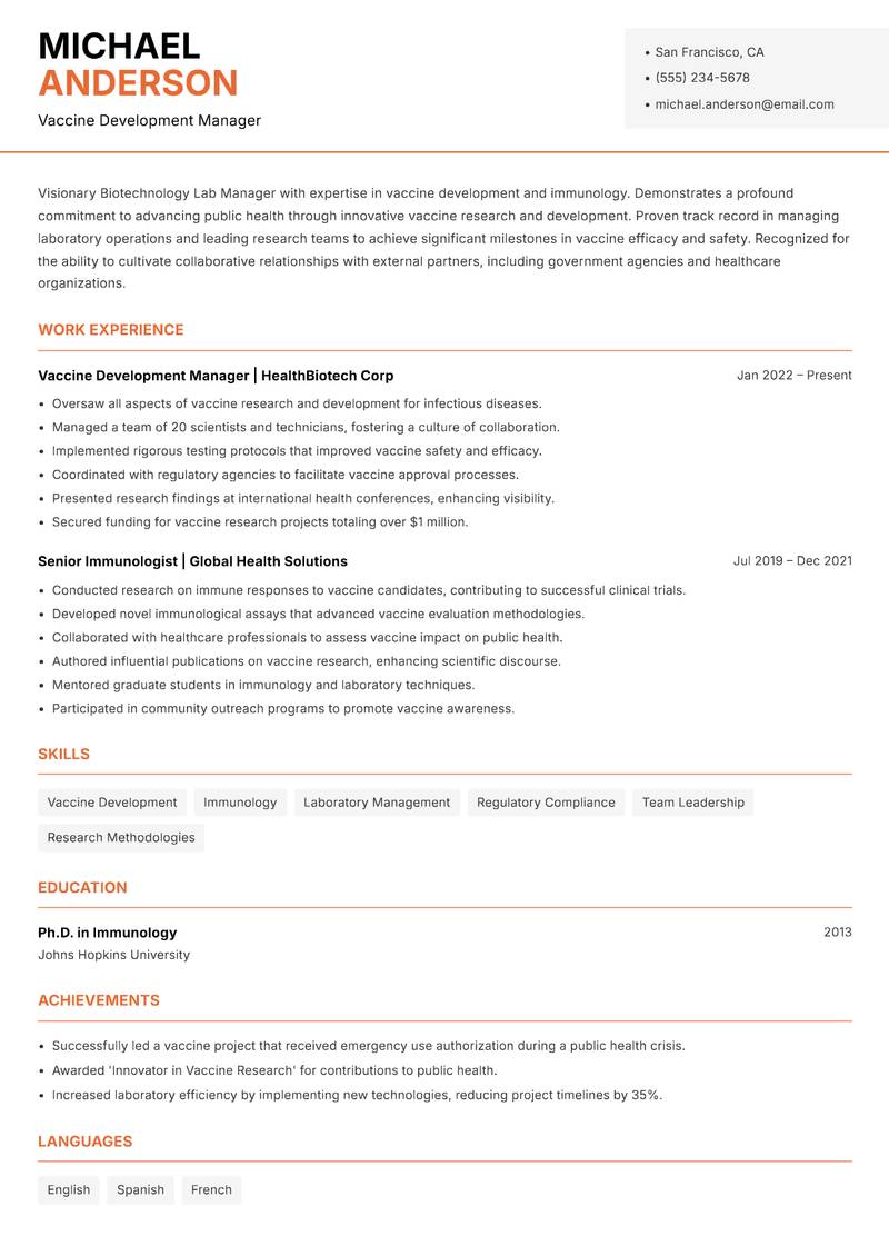 Biotechnology Lab Manager Resume Template