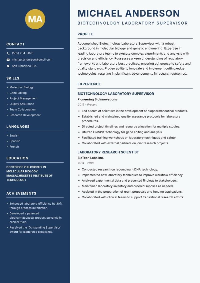 Biotechnology Laboratory Supervisor Resume Preview Example