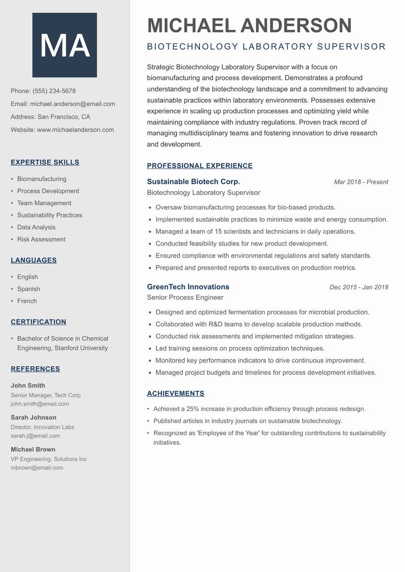 Biotechnology Laboratory Supervisor Resume Preview Example