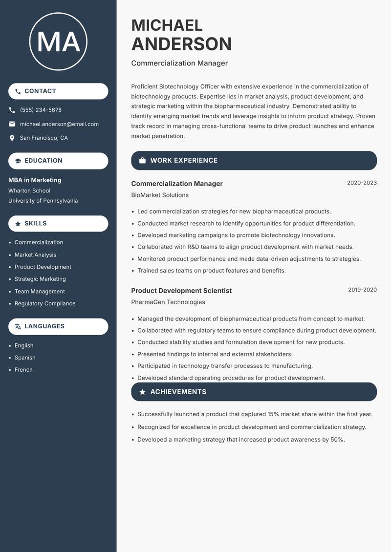 Biotechnology Officer Resume Preview Example
