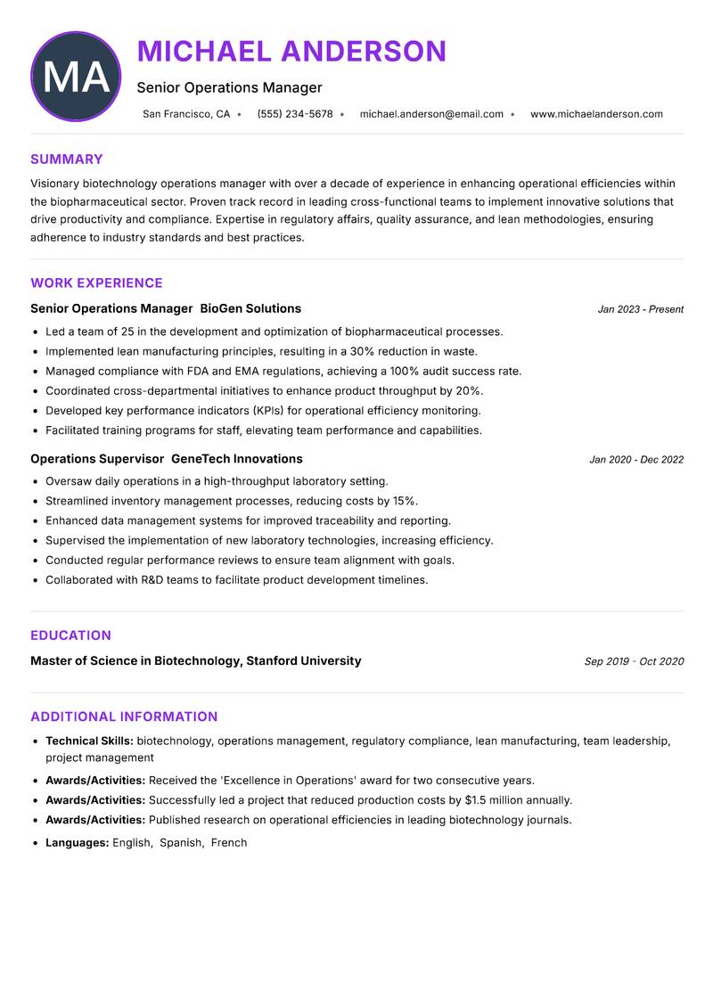 Biotechnology Operations Manager Resume Preview Example