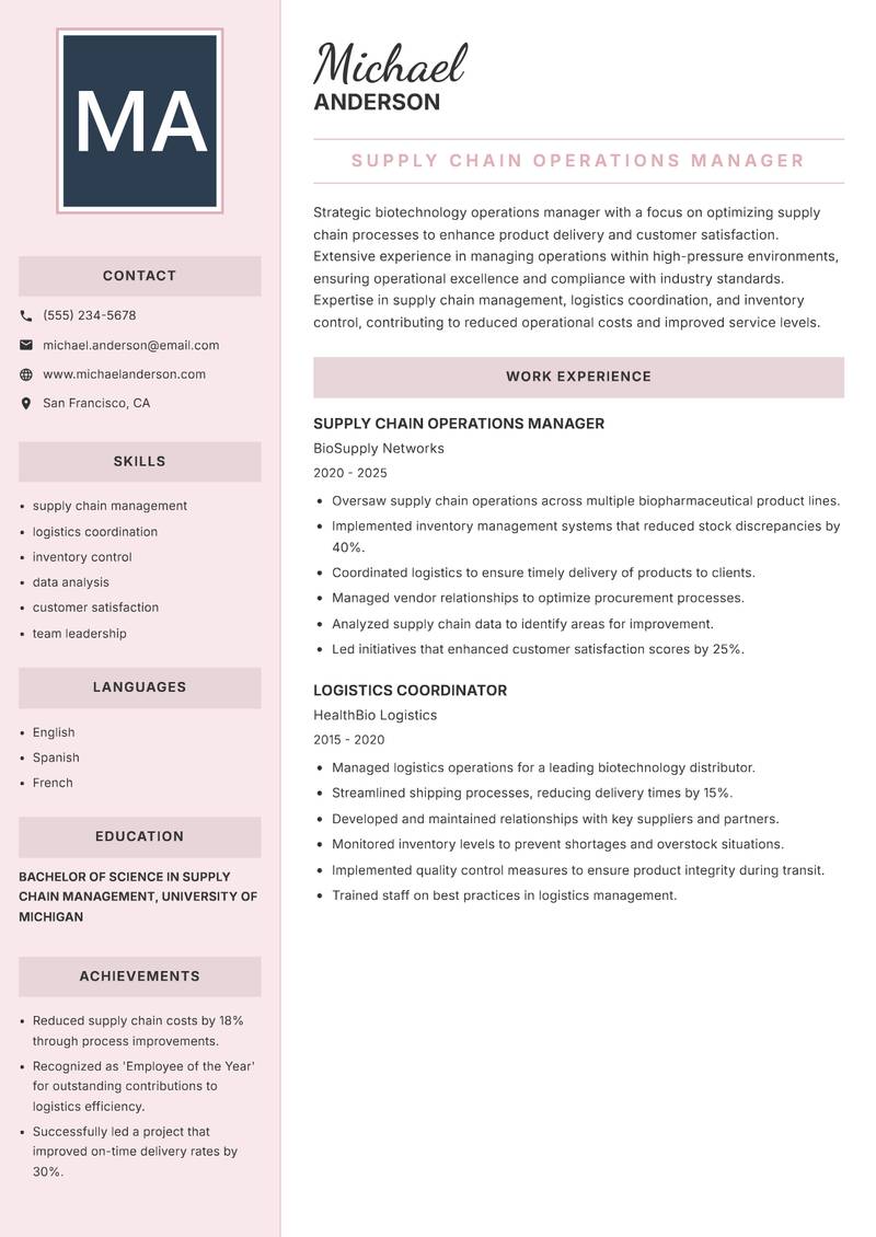 Biotechnology Operations Manager Resume Preview Example