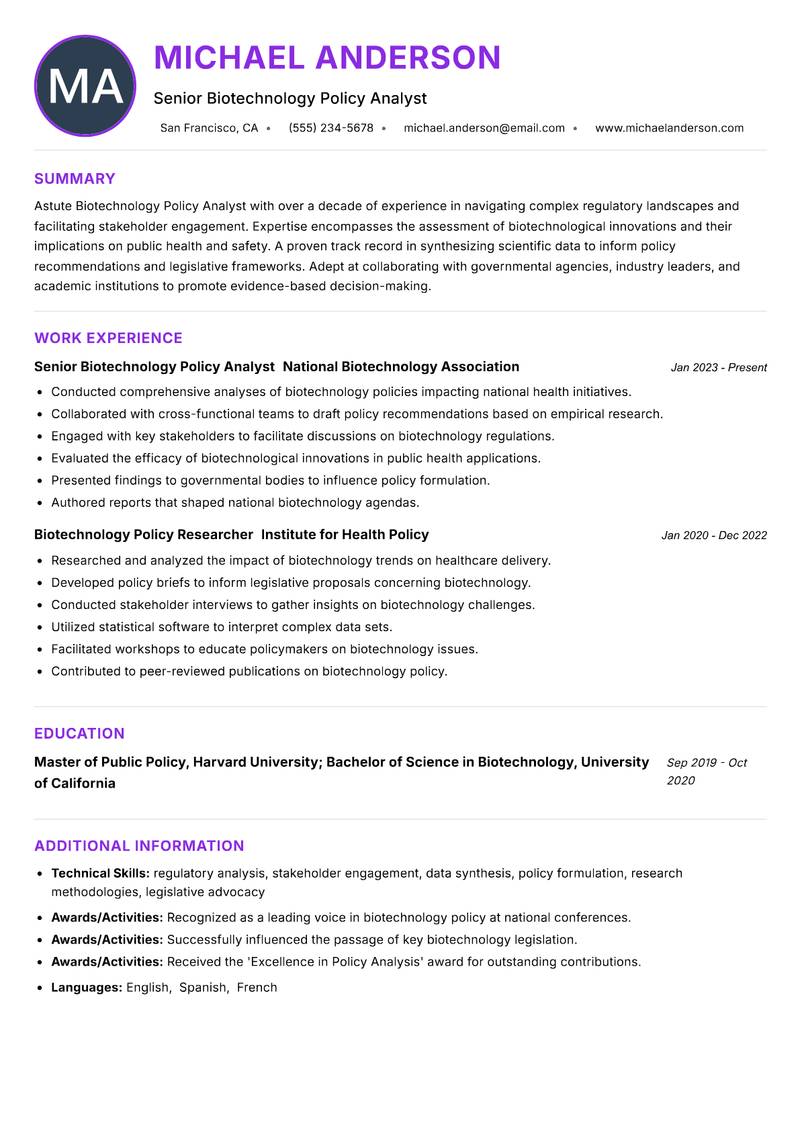 Biotechnology Policy Analyst Resume Preview Example