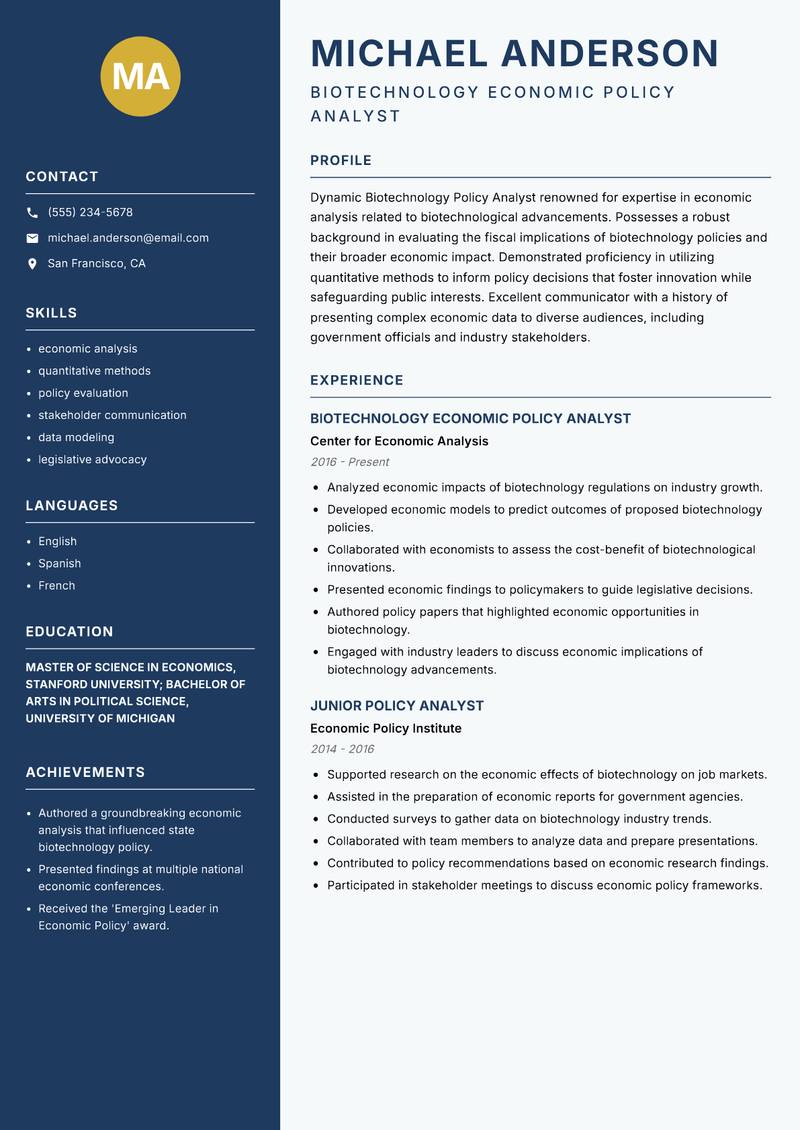 Biotechnology Policy Analyst Resume Preview Example