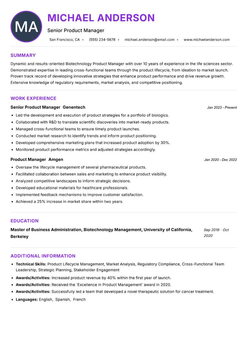 Biotechnology Product Manager Resume Preview Example