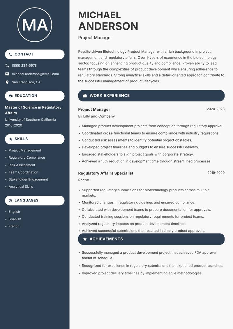 Biotechnology Product Manager Resume Preview Example