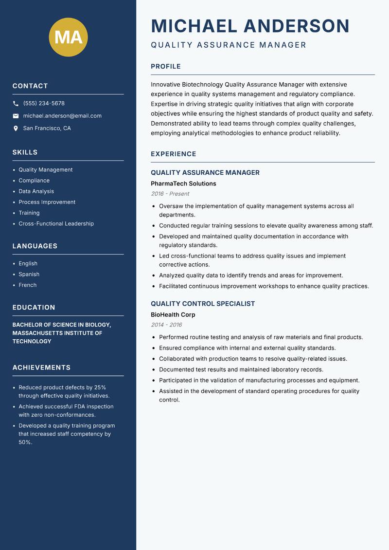 Biotechnology Quality Assurance Manager Resume Preview Example