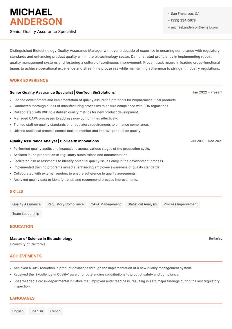Biotechnology Quality Assurance Manager Resume Template