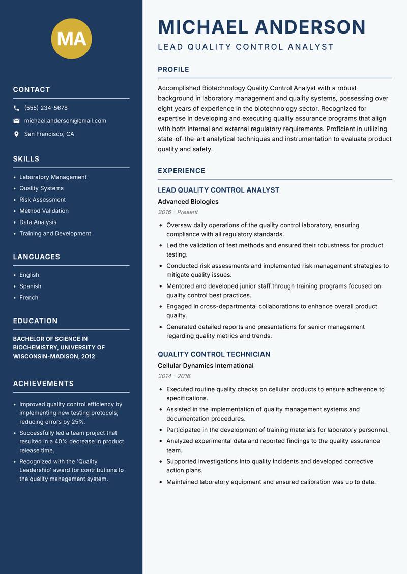 Biotechnology Quality Control Analyst Resume Preview Example
