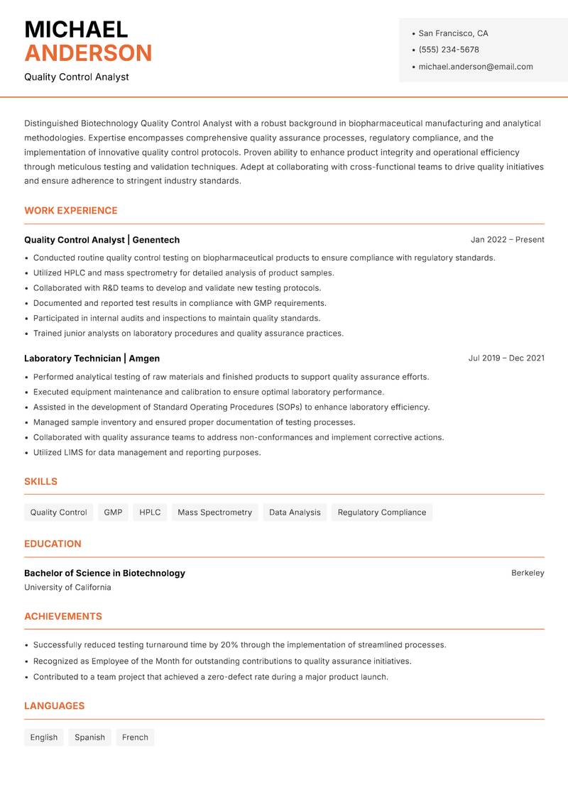 Biotechnology Quality Control Analyst Resume Template