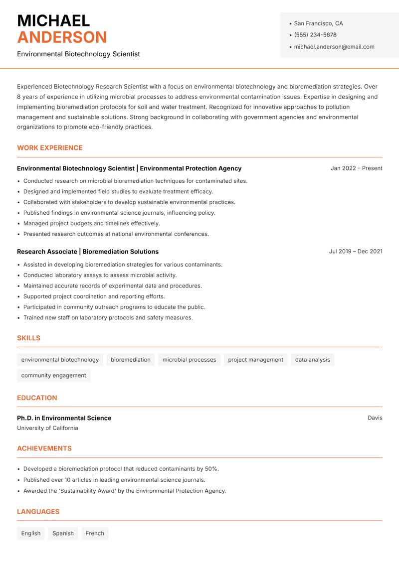 Biotechnology Research Scientist Resume Template
