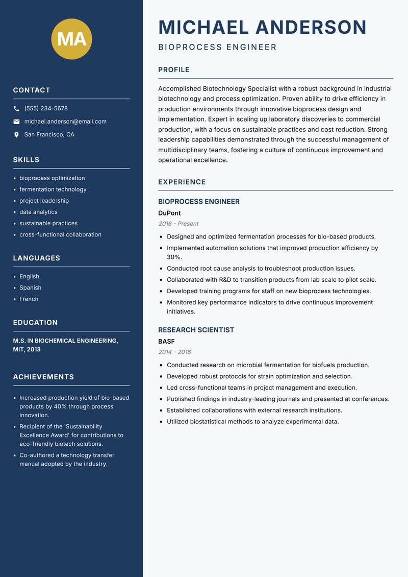Biotechnology Specialist Resume Preview Example