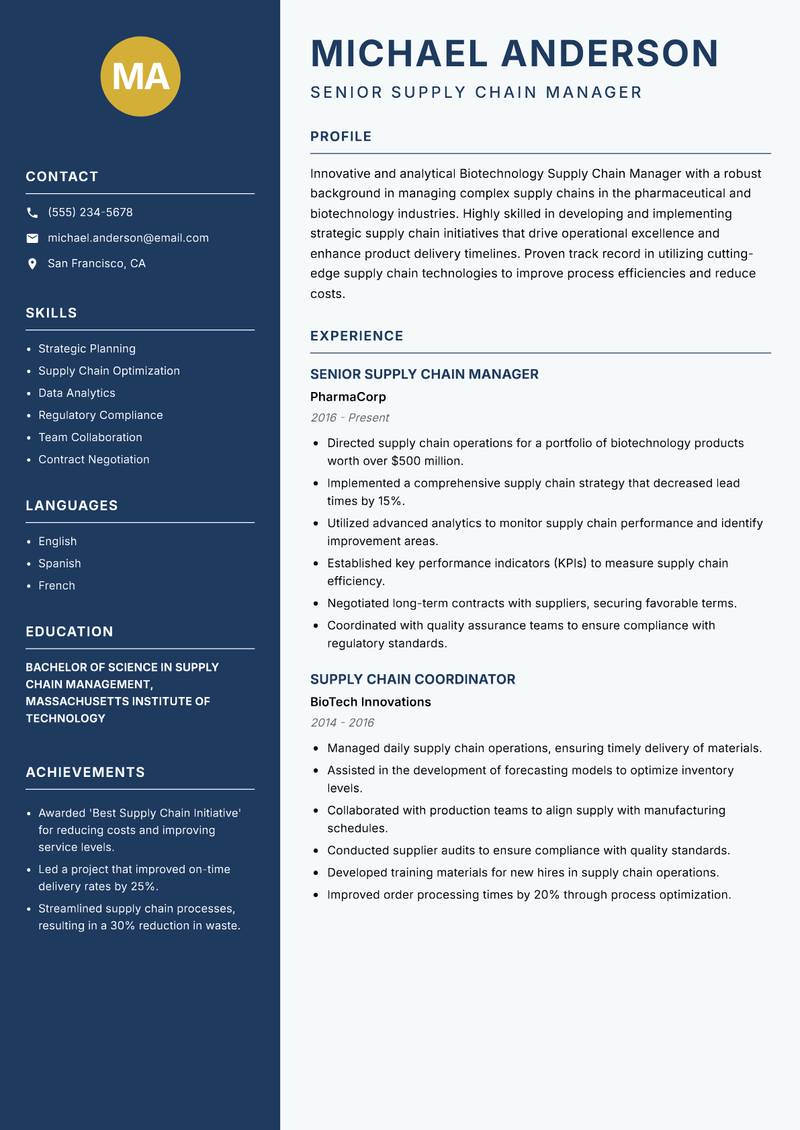 Biotechnology Supply Chain Manager Resume Preview Example