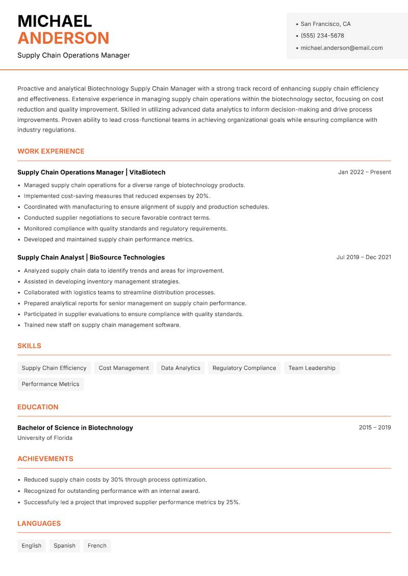 Biotechnology Supply Chain Manager Resume Template