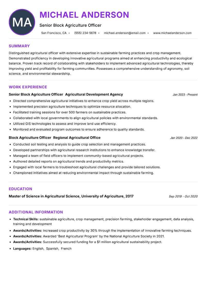 Block Agriculture Officer Resume Preview Example