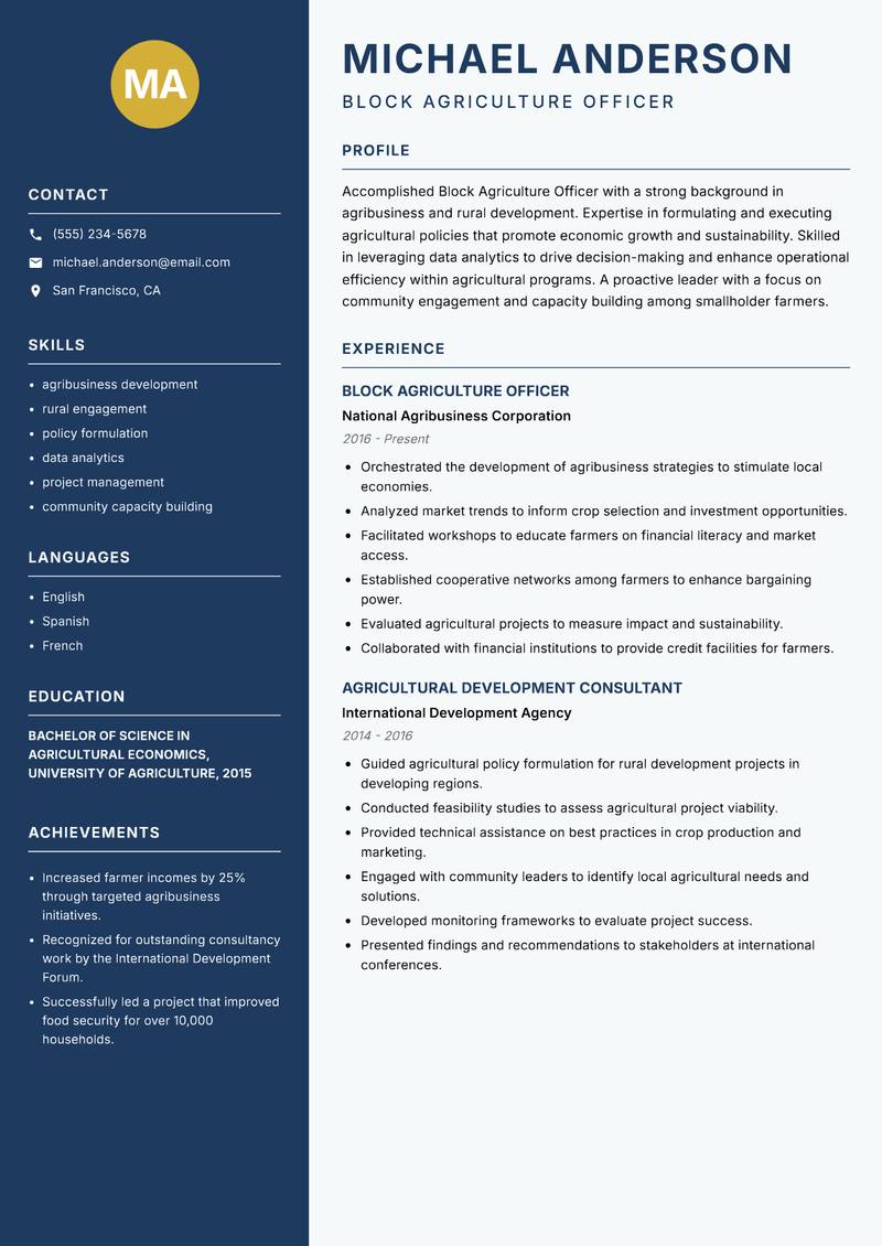 Block Agriculture Officer Resume Preview Example