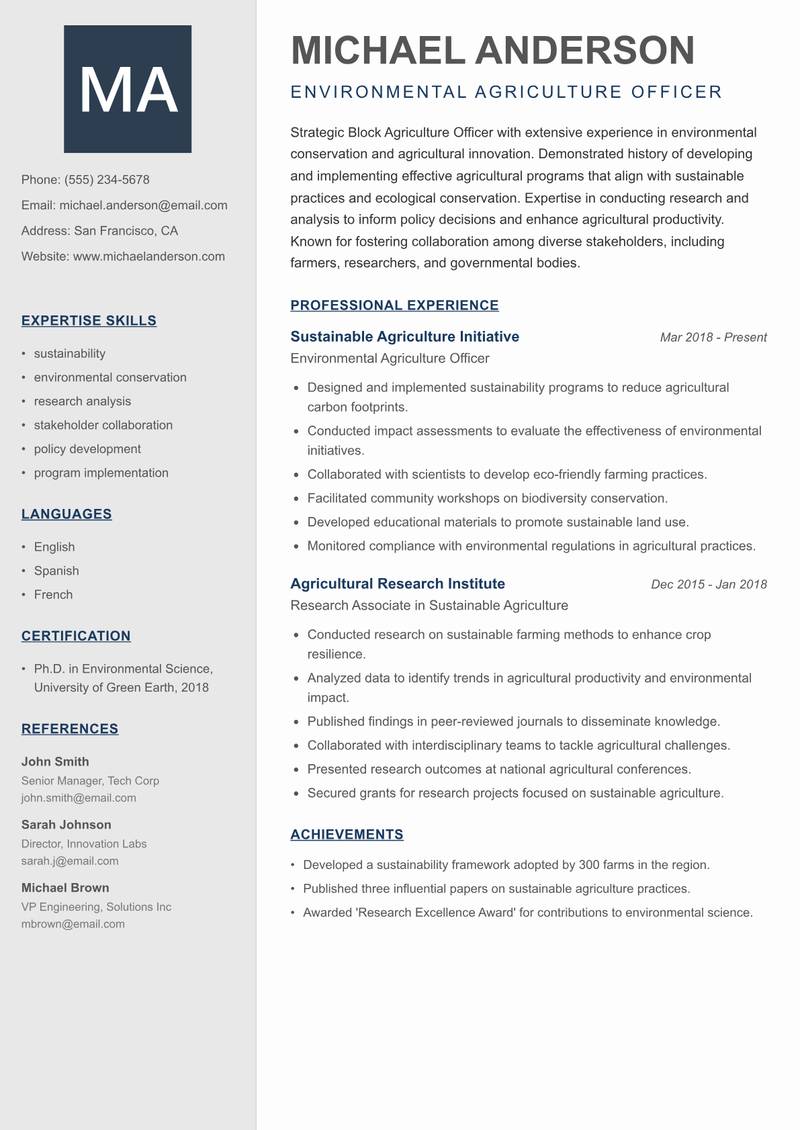 Block Agriculture Officer Resume Preview Example