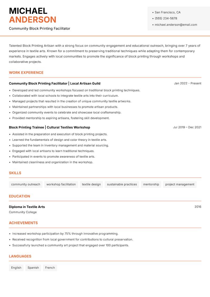 Block Printing Artisan Resume Template