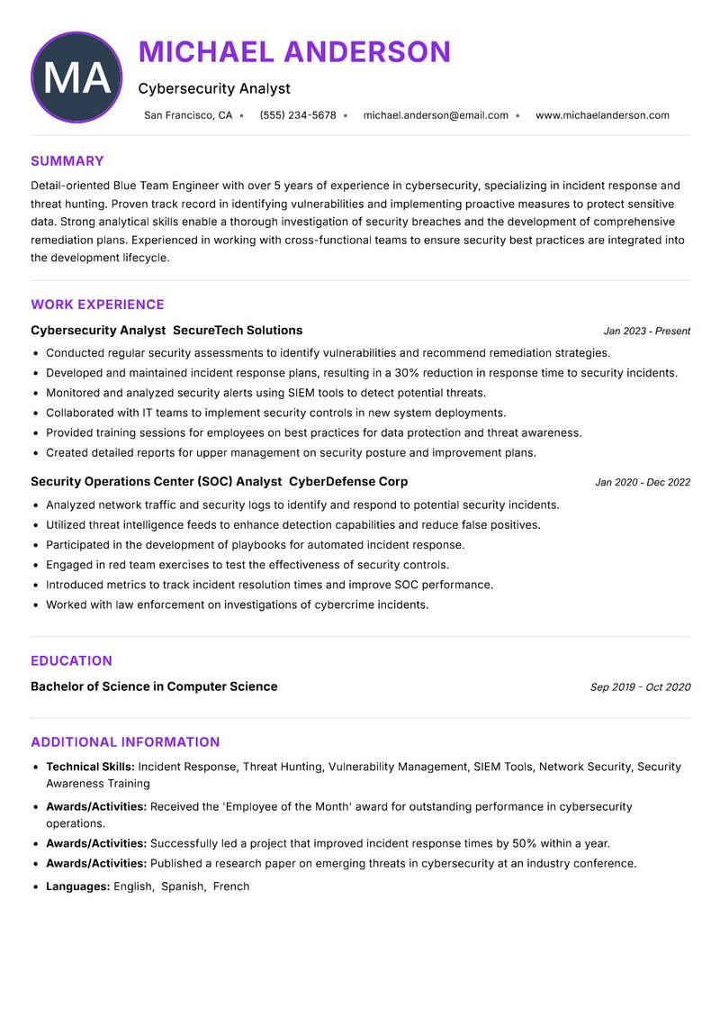 Blue Team Engineer Resume Preview Example