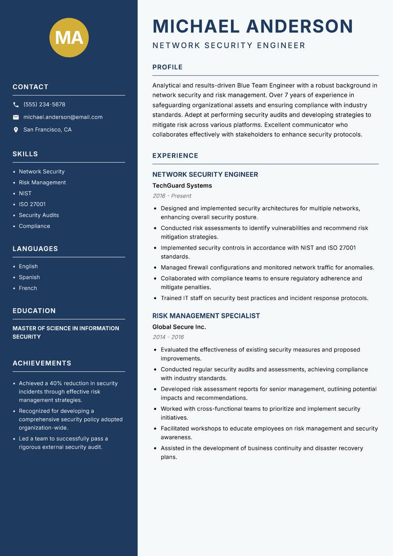 Blue Team Engineer Resume Preview Example