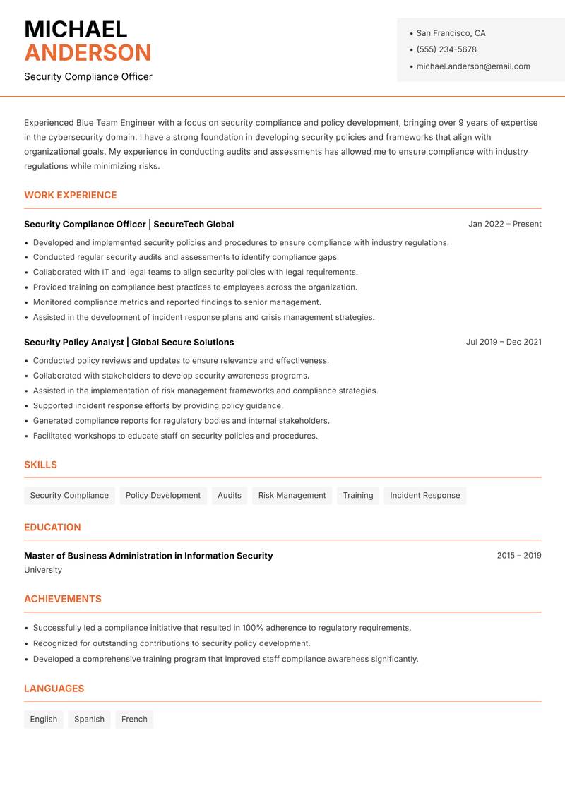 Blue Team Engineer Resume Template