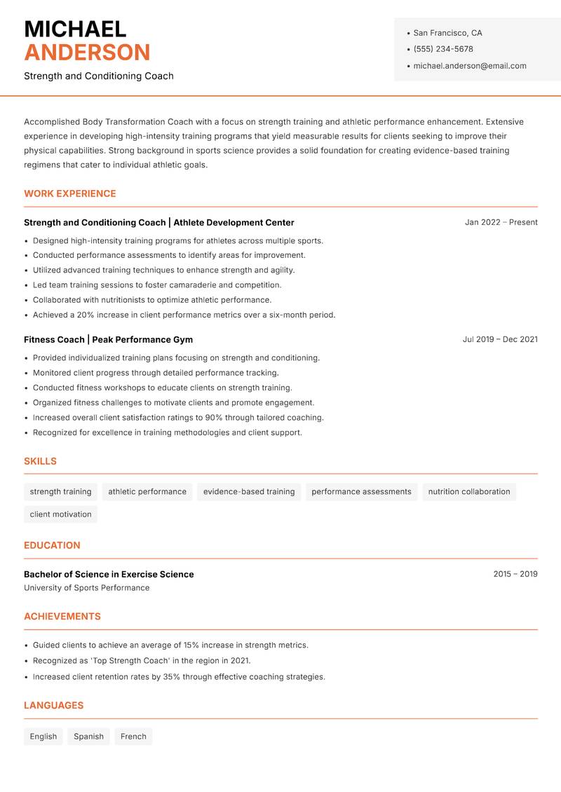 Body Transformation Coach Resume Template
