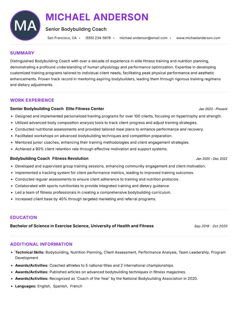 Bodybuilding Coach Resume Preview Example