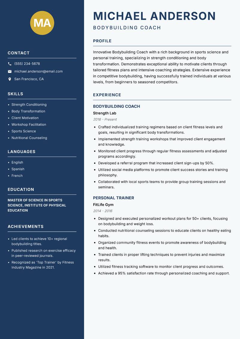 Bodybuilding Coach Resume Preview Example