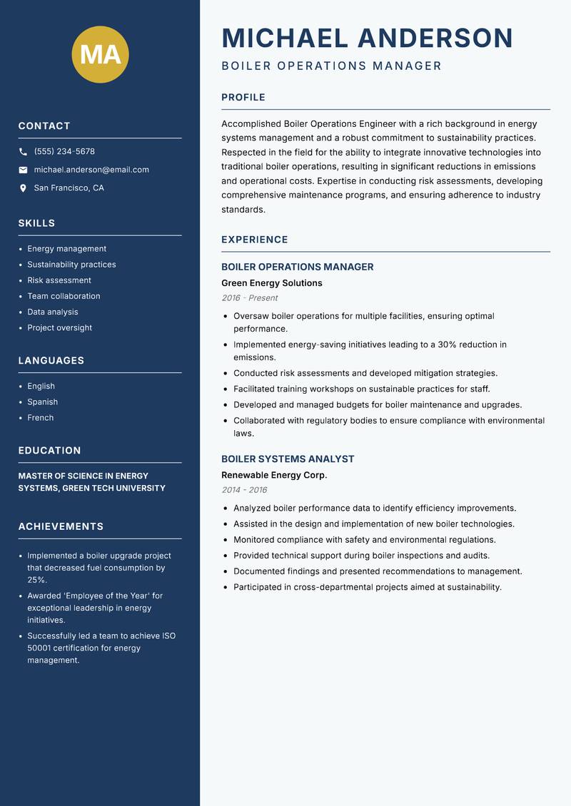 Boiler Operations Engineer Resume Preview Example