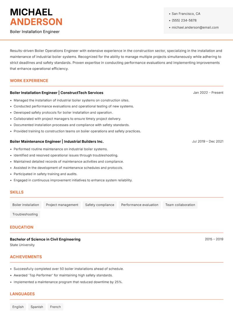 Boiler Operations Engineer Resume Template