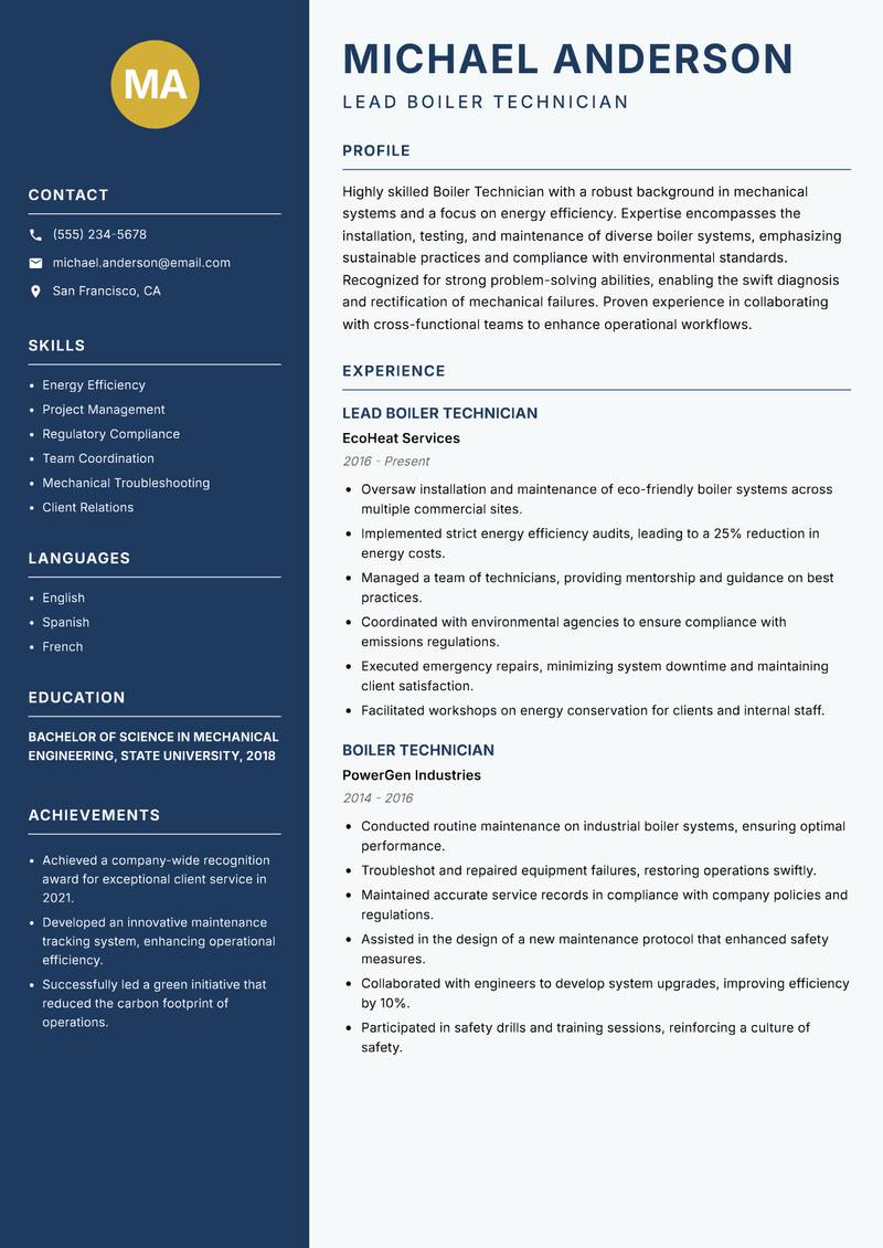 Boiler Technician Resume Preview Example