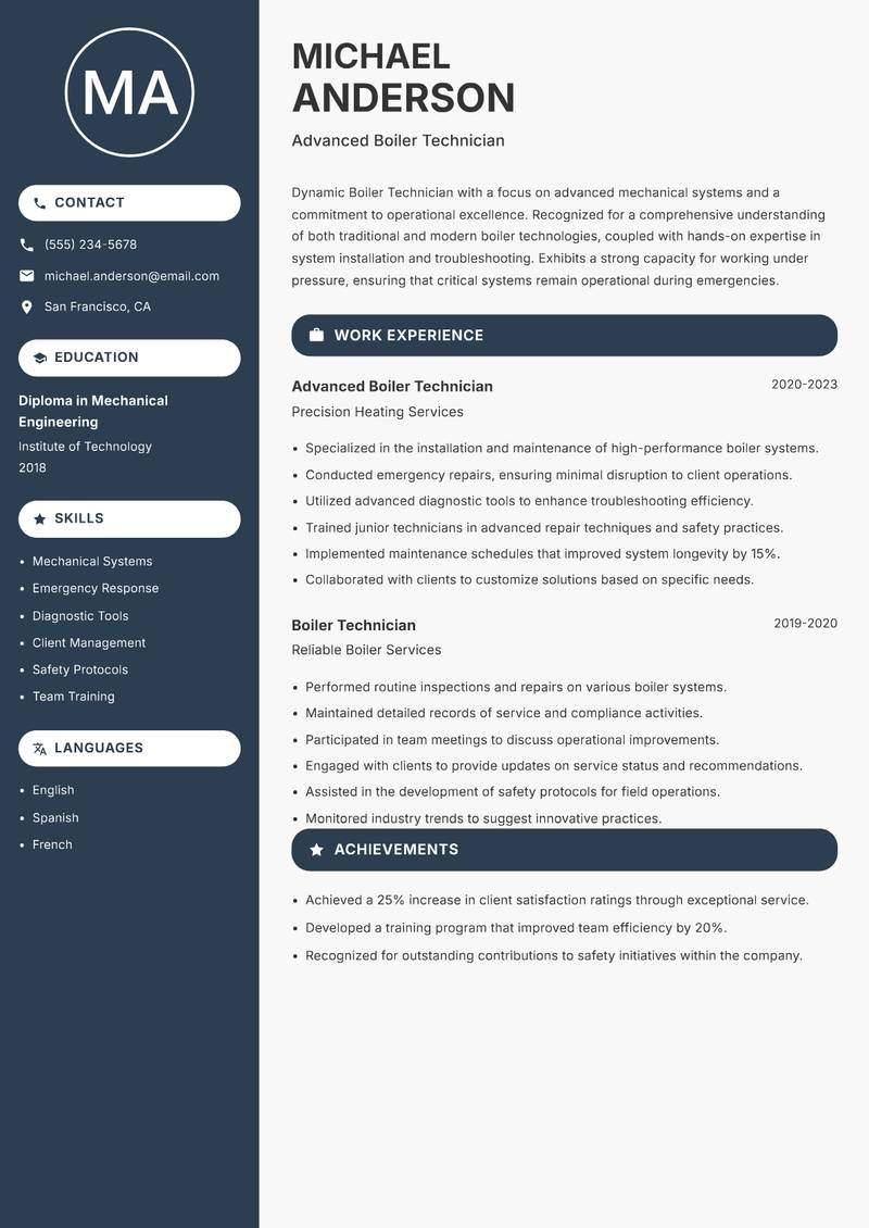 Boiler Technician Resume Preview Example