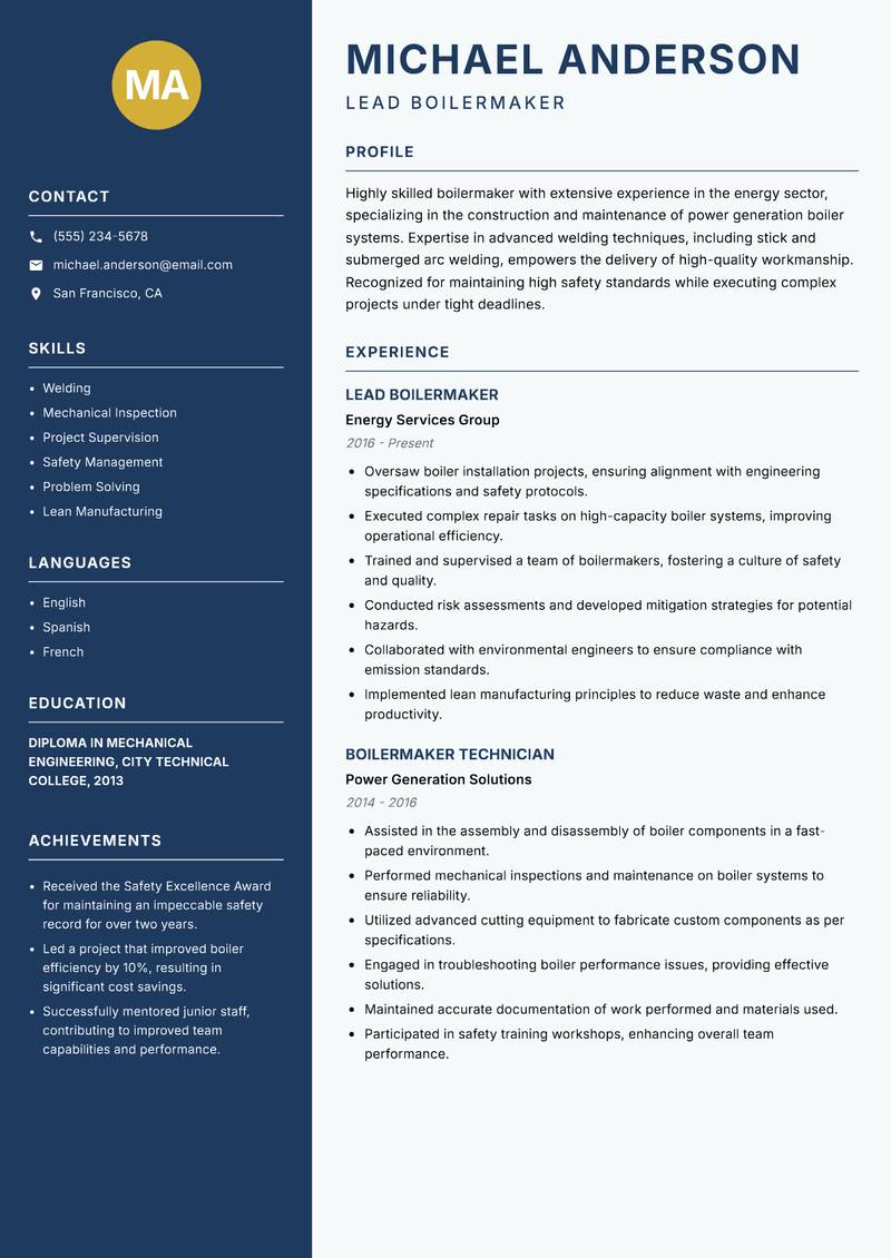 Boilermaker Resume Preview Example