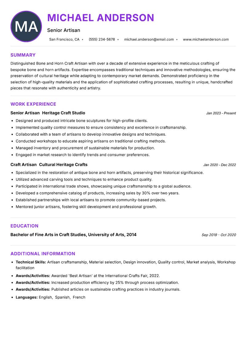 Bone and Horn Craft Artisan Resume Preview Example
