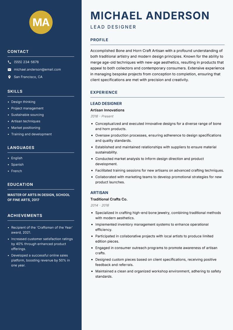 Bone and Horn Craft Artisan Resume Preview Example
