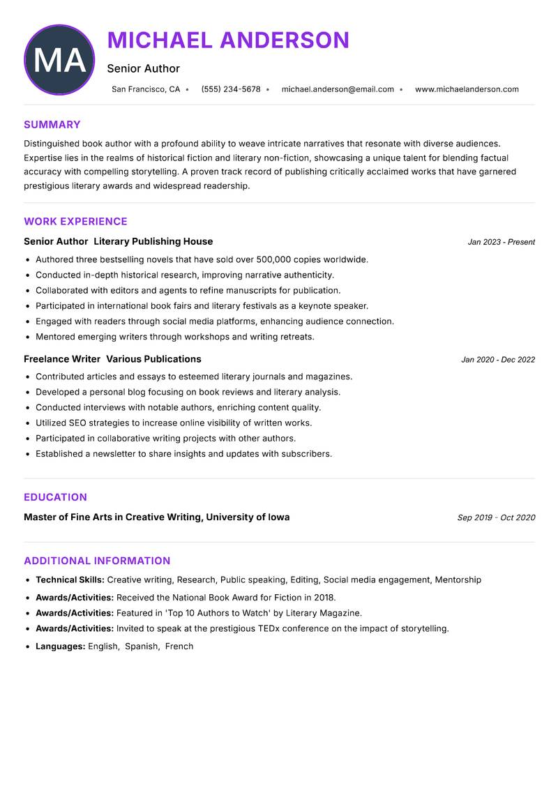 Book Author Resume Preview Example