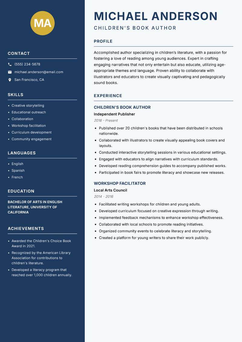 Book Author Resume Preview Example