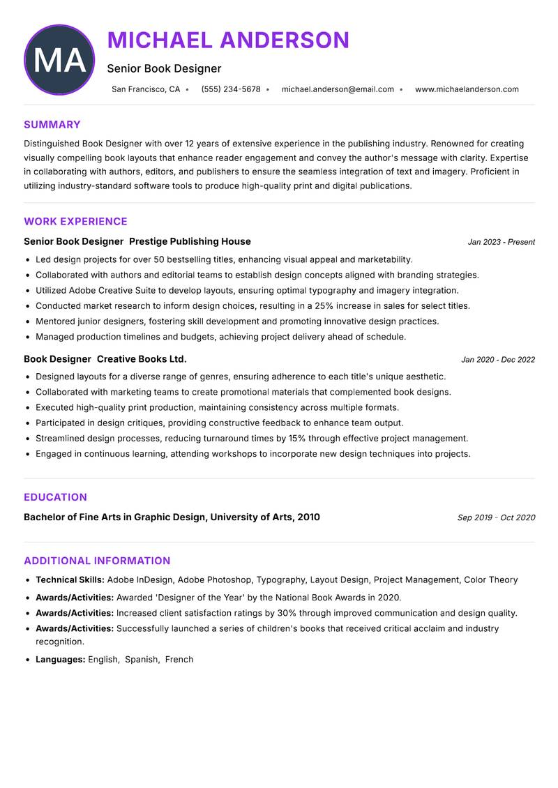Book Designer Resume Preview Example