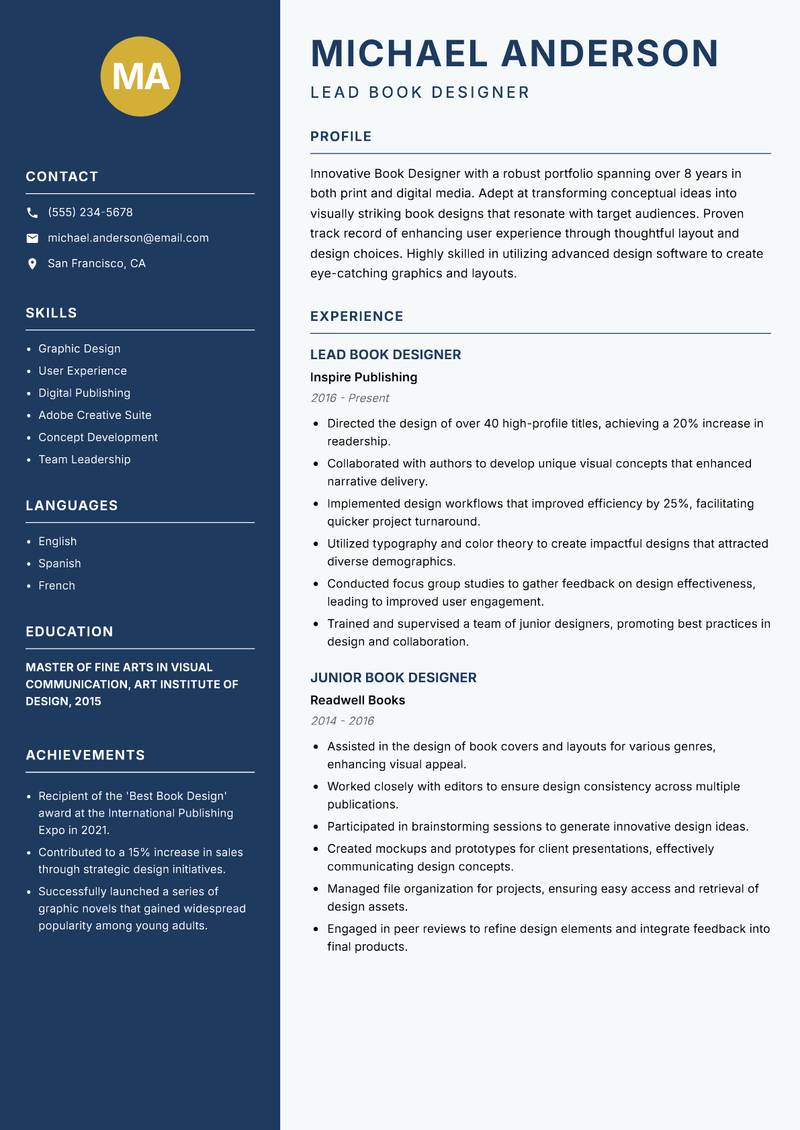 Book Designer Resume Preview Example