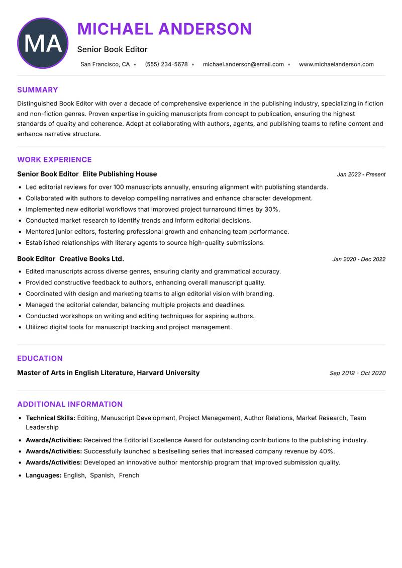 Book Editor Resume Preview Example