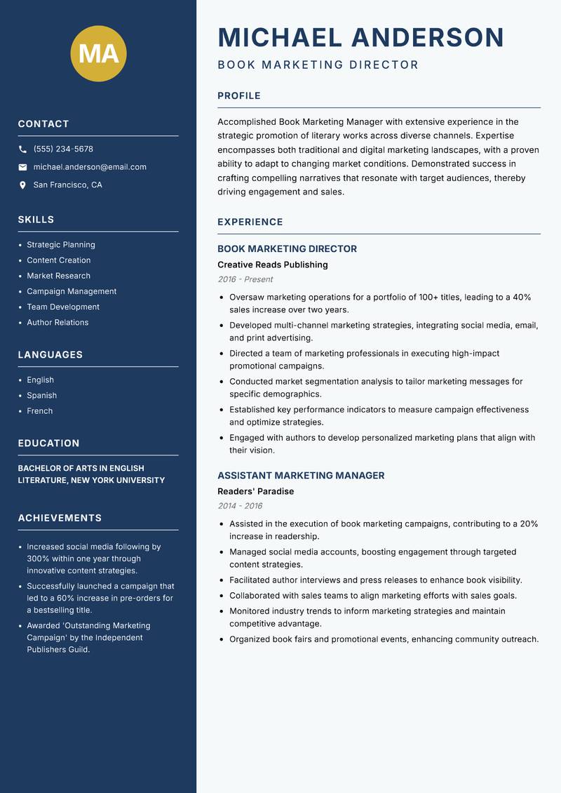 Book Marketing Manager Resume Preview Example