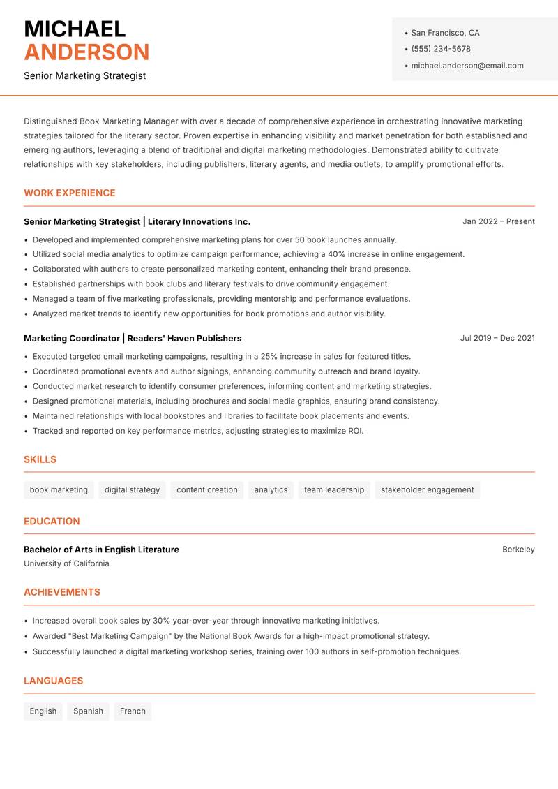 Book Marketing Manager Resume Template