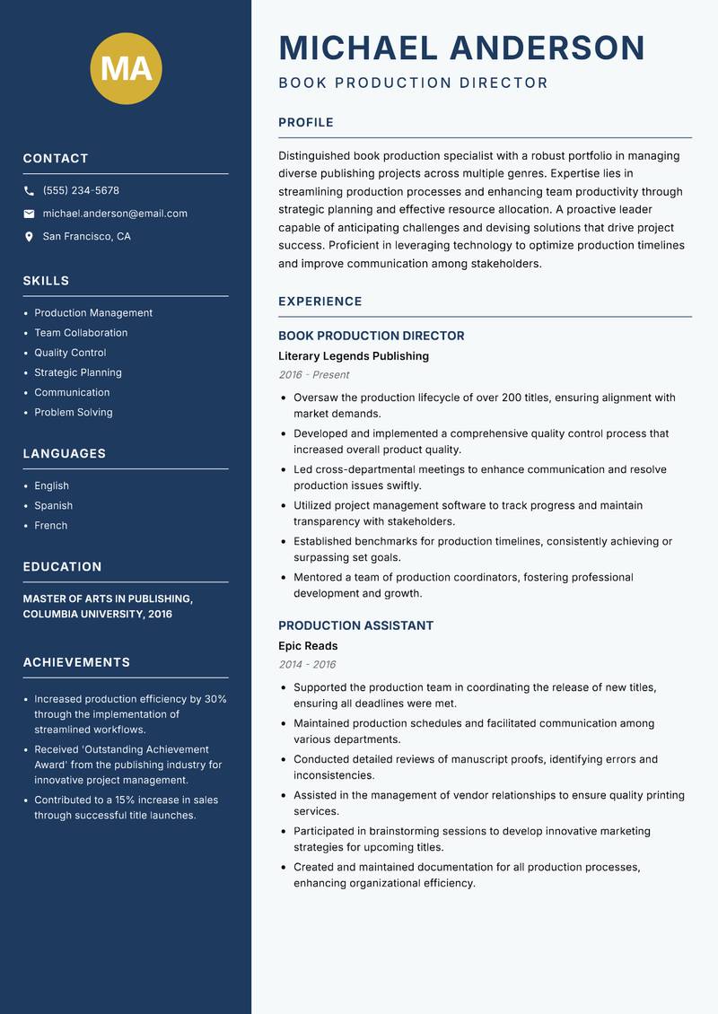 Book Production Specialist Resume Preview Example
