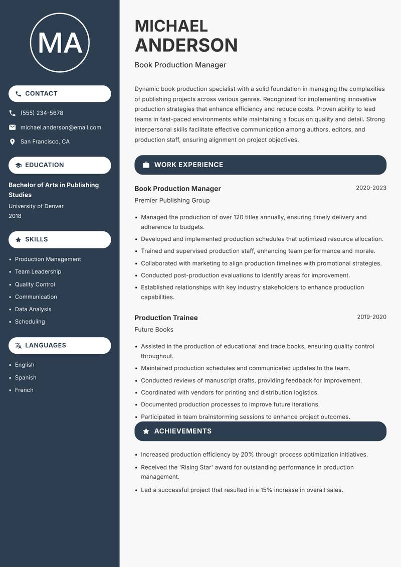Book Production Specialist Resume Preview Example