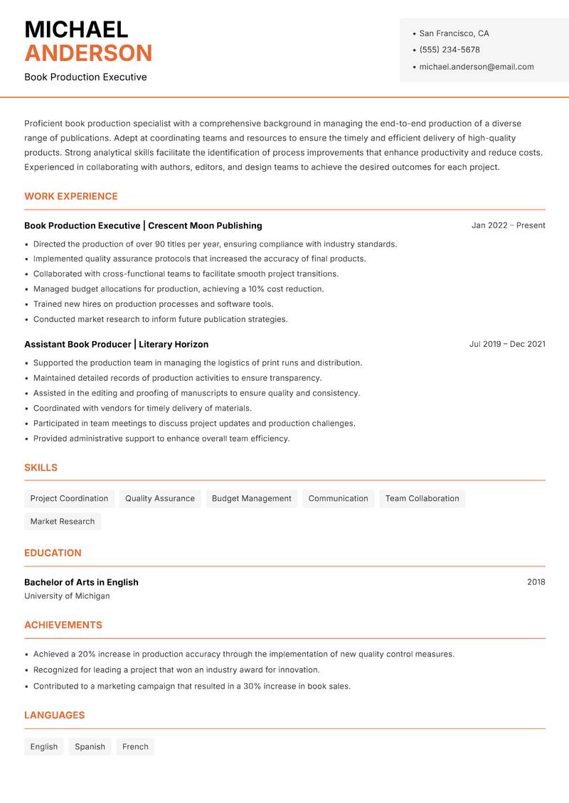 Book Production Specialist Resume Template