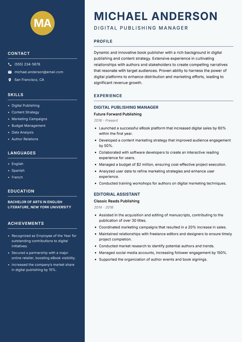 Book Publisher Resume Preview Example