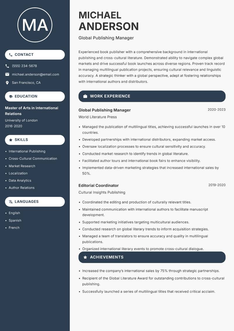 Book Publisher Resume Preview Example