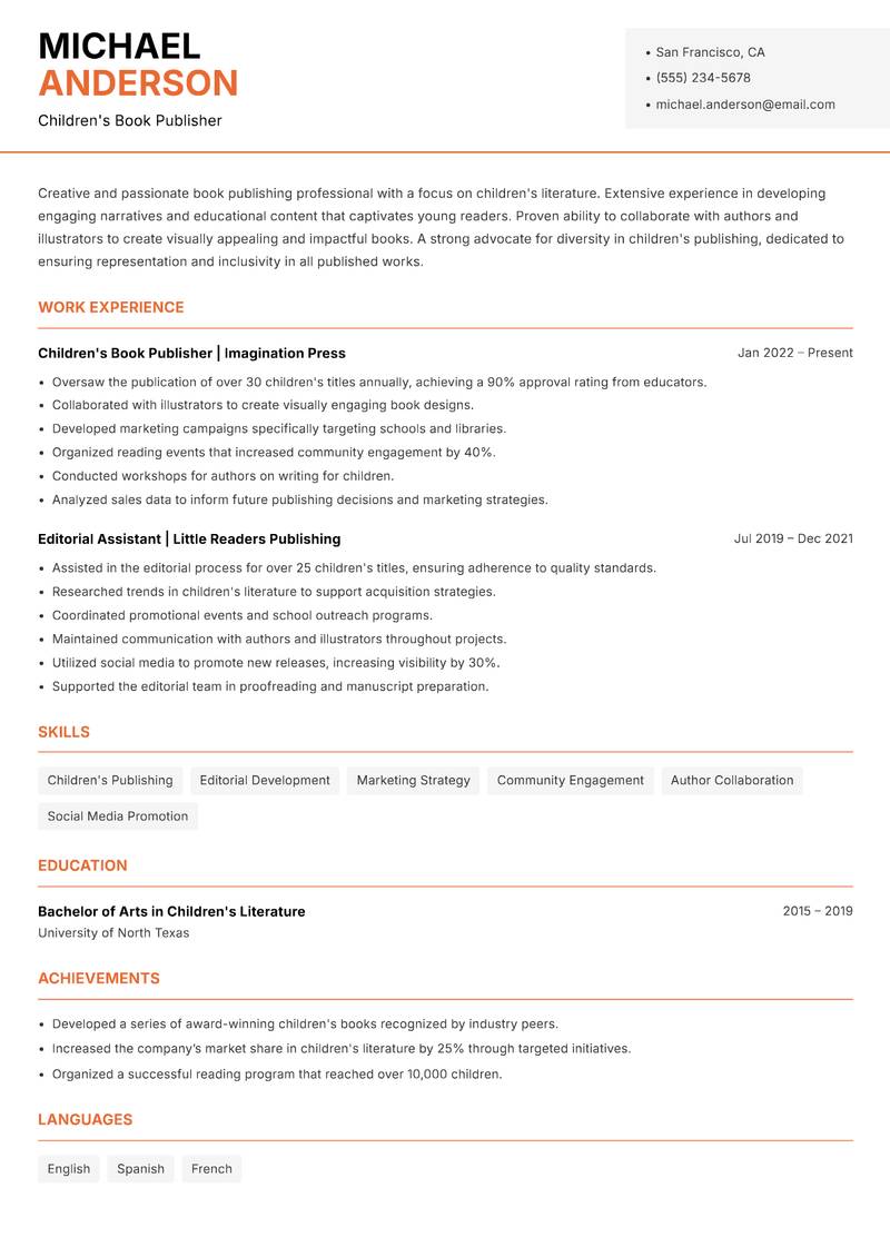 Book Publisher Resume Template