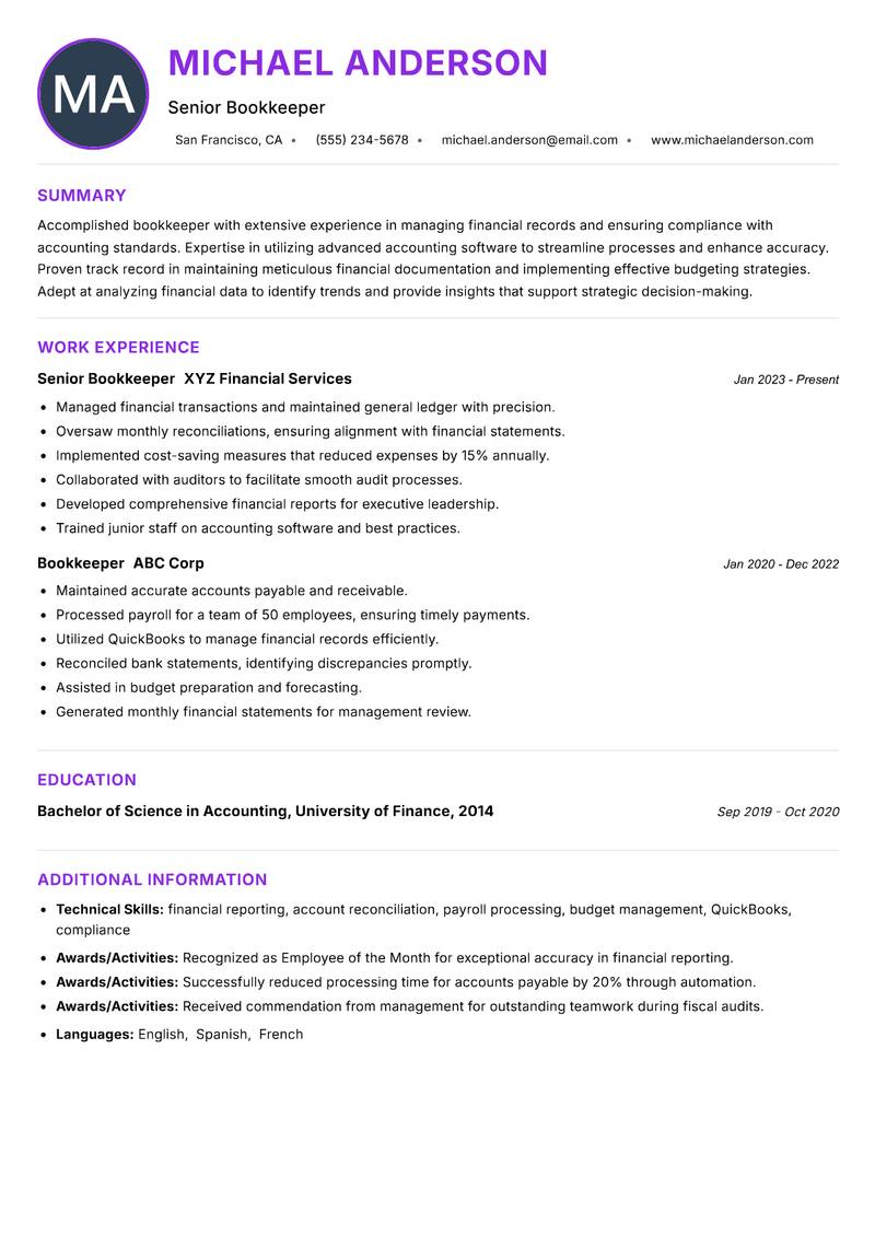 Bookkeeper Resume Preview Example