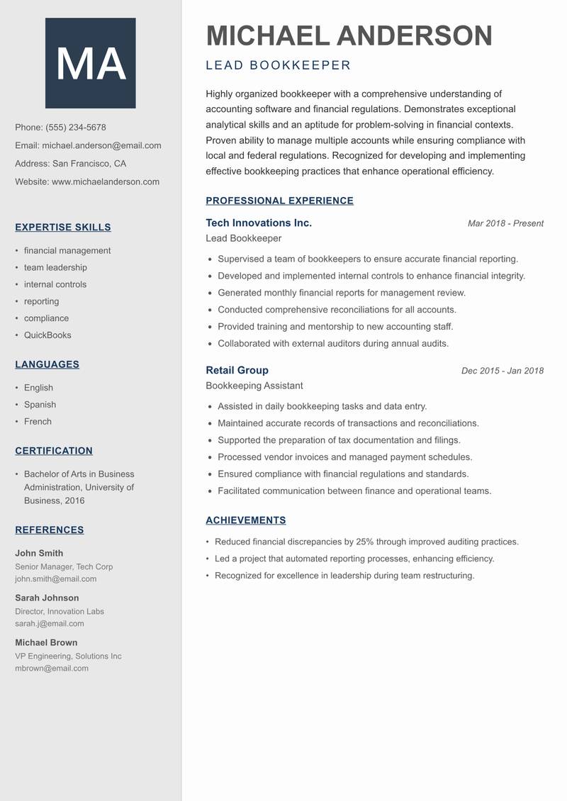 Bookkeeper Resume Preview Example